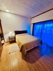 una camera da letto con un grande letto con una luce blu di La Hélice a Puerto Madryn