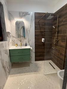 a bathroom with a green sink and a shower at Ursachi Apartaments & Rooms in Suceava +66 photos