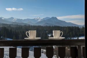 two cups of coffee on a balcony with mountains at Apartamenty i Pokoje Gościnne U Trebuni in Murzasichle