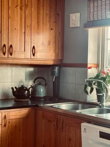 a kitchen with wooden cabinets and a tea kettle at Aspudden en pärla i Sörmland in Vingåker