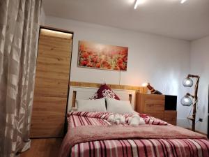 Ferienwohnung Apartment Fewo Alojamiento Casa Demy في بابينهاوزن: غرفة نوم بسرير وبطانية حمراء وبيضاء