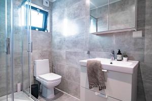a bathroom with a toilet and a sink and a shower at Unique Hideaway by Krøderen - Beach, Boat & Hiking in Ørgenvika +24 photos