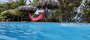 a hammock in a swimming pool with a waterfall at Vila Pescador Fortim in Fortim