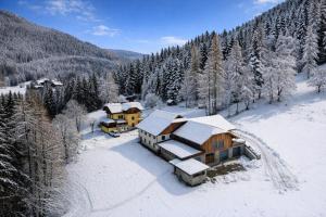 een luchtzicht op een huis in de sneeuw bij Ferienwohnung Steinacherhof in Arriach