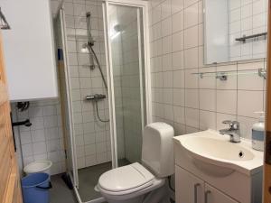 a bathroom with a shower and a toilet and a sink at Skåbu Camping in Skåbu +45 photos