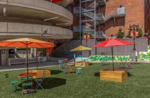a group of tables and chairs with umbrellas on the grass at Relaxing studio perfect for extended visits in New Haven