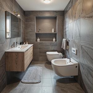 ein Badezimmer mit Waschbecken, Badewanne und Toilette in der Unterkunft Maisons Grandes Murailles in Valtournenche + 43 Fotos