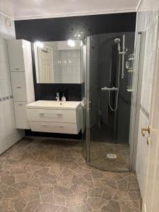 Un baño con ducha, lavabo y espejo. en Kisteberglia, en Stavanger