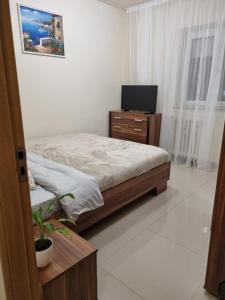 a bedroom with a bed with a television on it at Iza Suite in Craiova