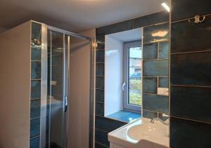 a bathroom with a sink and a glass shower at Resort Papírna50 in Černý Dŭl