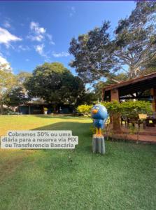 Pousada Canto dos Passaros في شابادا دوس غيماريش: تمثال مزهرية زرقاء تجلس على العشب