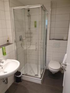 une salle de bains avec douche, toilettes et lavabo dans l'établissement Gasthaus Adler, à Stammheim