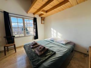 La Petite Maison Dans Les Vignes في Chamaret: غرفة نوم بسرير وكرسي ونافذة +20 صورة