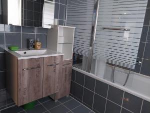 a bathroom with a sink and a shower at Talblick & Ruhe in Hirschhorn Langenthal in Hirschhorn +17 photos
