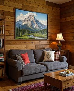 ein Wohnzimmer mit einem Sofa und einem Bild eines Berges in der Unterkunft Maisons Grandes Murailles in Valtournenche