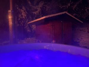 a bath tub with a bird house in the dark at Domek na Zagórze - domek całoroczny in Krasnobród