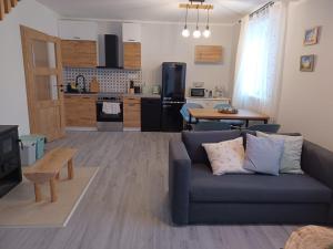 a living room with a blue couch and a kitchen at Apartmány Albipolis - Hořec a Modřín in Vrchlabí