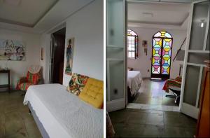 due immagini di una camera da letto con un letto e una finestra di Casa Centro Histórico a Diamantina