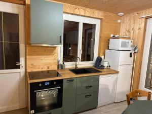 a small kitchen with a sink and a refrigerator at Lodge des Mélèzes in Ancelle +3 photos