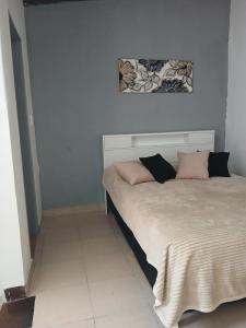 a bedroom with a bed with pink and black pillows at MyM in Merlo