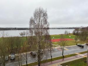 a view of a road and a lake from a building at Lake View Apartment in Telšiai