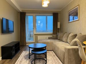 a living room with a couch and a table at Lake View Apartment in Telšiai