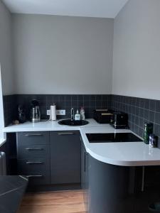 a kitchen with a sink and a counter at Cozy Stay Dubulti in Jūrmala