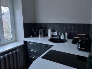 a kitchen with a sink and a counter top at Cozy Stay Dubulti in Jūrmala