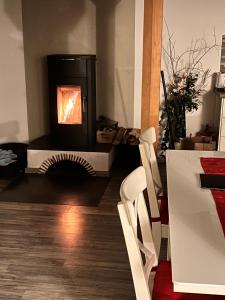 een woonkamer met open haard met twee witte stoelen bij Apartment im Schwarzwaldhaus in Schluchsee