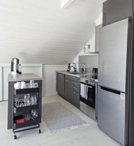 Cosy rural apartment close to Nösund SE09122 في Strand: مطبخ مع ثلاجة ستانلس ستيل وموقد