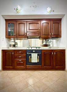 a kitchen with wooden cabinets and an oven at Via Roma 40 - apartment in Pacentro
