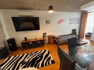 een woonkamer met een televisie en een zebratapijt bij Vilella Live in Buenos Aires