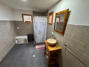 een badkamer met een wastafel en een spiegel bij Casa Mallin Azul in El Bolsón +40 foto's