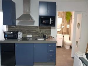 a kitchen with blue cabinets and a sink and a toilet at El nido de la Galería in Setenil