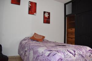 Casa Familiar, Independiente y amplia في Hércules: غرفة نوم بسرير وبطانية ارجوانية