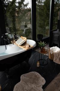 a bathroom with a bath tub and a sink at Noma Cabin in Măguri