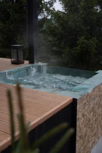 una vasca immersione ad acqua fredda con acqua in un cortile posteriore di Noma Cabin a Măguri