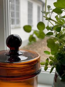 Una botella de perfume junto a una ventana con una planta. en Æblehuset Ved Historisk Gods På Sydsjælland, en Præstø