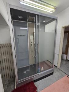 クールにあるPrivate 3-Zimmer Apartment -Private WC, Dusche, Küche-の赤い敷物を使用した客室内のガラス張りのシャワー