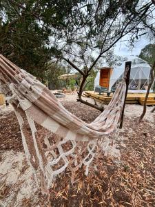 TimoDomo في Balneario Argentino: أرجوحة بيضاء موضوعة في حقل بجوار الأشجار