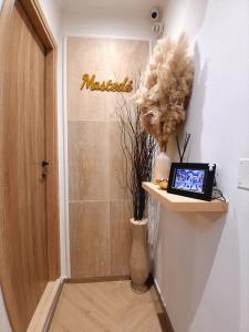 een deur naar een badkamer met een laptop op een plank bij Mastedè in Tivoli