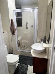 a bathroom with a toilet and a sink and a shower at The Oceanic 42 in Durban +7 photos