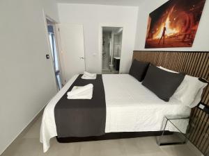 Principado de Aracena II في اراسنا: غرفة نوم بسرير أسود وبيض مع صورة على الحائط