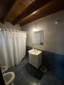un bagno con lavandino, WC e specchio di Casa quinta a Estación Norte