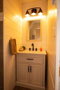 un baño con lavabo y espejo en Rustic Retreat, en Blakeslee