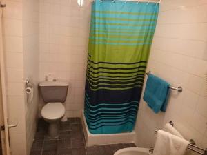 Un baño con inodoro y cortina de ducha. en Villa Senegačnik, en Portorož