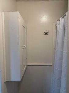 a white cabinet in a bathroom with a shower at Cozy Modern Studio - Heart of Lafayette in Lafayette