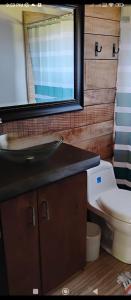 a bathroom with a sink and a toilet at Hermosa casa en Palguin Bajo, Pucon in Minetué