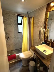 a bathroom with a white toilet and a sink at Cabaña en el bosque, Valdivia in Valdivia