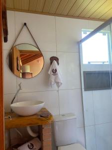 un bagno con lavandino, specchio e WC di Chácara Leopoldo Bairro a Lages